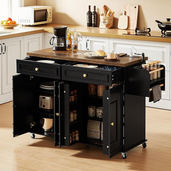 ONBRILL 58" Mobile Kitchen Island, Kitchen Island Cart with Power Outlet, Island Table for Kitchen, Home Bar Carts with Storage, Kitchen Rolling Island with Spice Rack & Towel Rack & Knife Holder