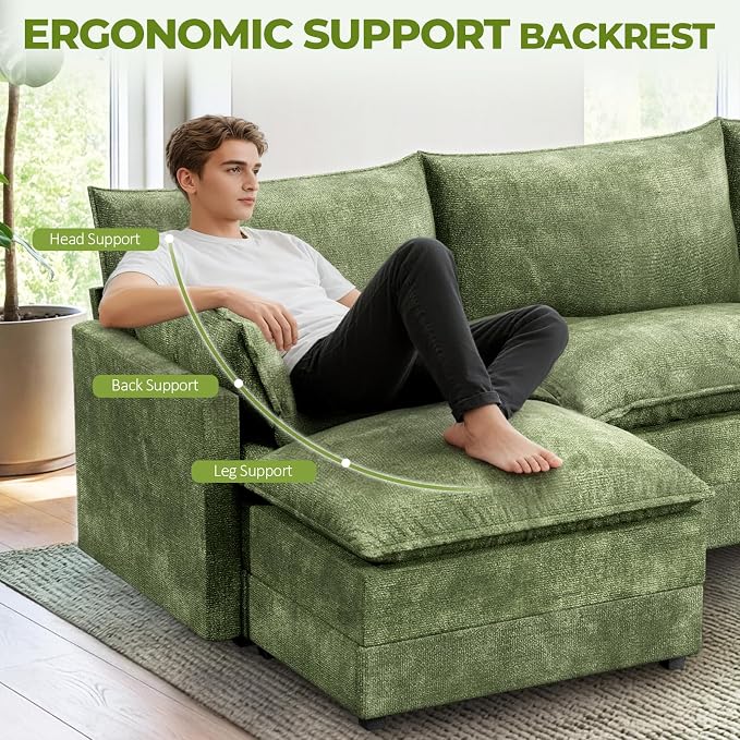 LEVELEVE 147" U-Shape Modular Sofa with 2 Ottomans, Deep Seat Cloud Convertible Sleeper, 2 Arm Pillows, Comfortable Large Upholstered Furniture for Living Room Apartment, Green