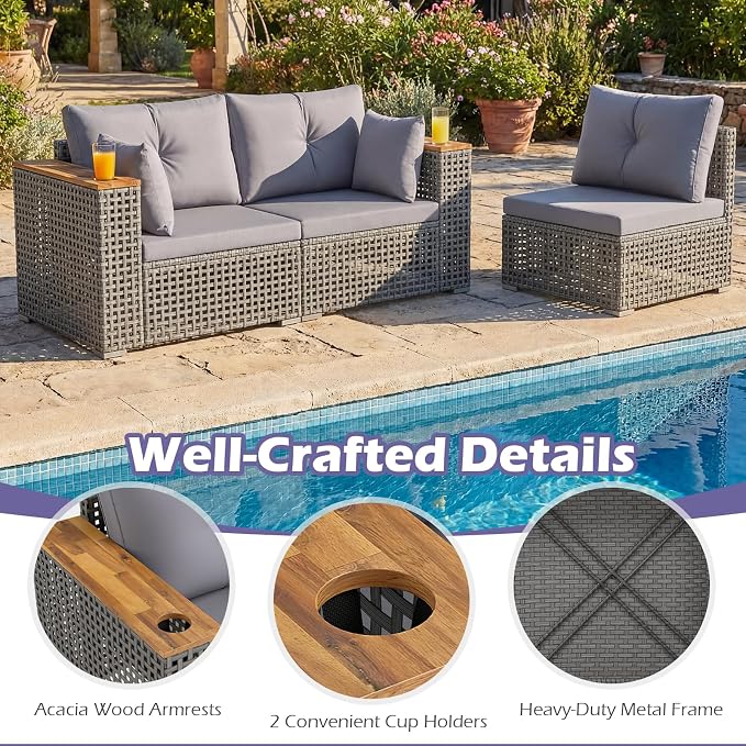 Tangkula 86.5" Large 3-Seat Patio Wicker Sofa, 3 Pieces PE Rattan Sectional Furniture Set with Cup Holders & Wood Armrest, Outdoor Couch Set with Armless & 2 Corner Sofas for Garden, Yard, Porch, Grey