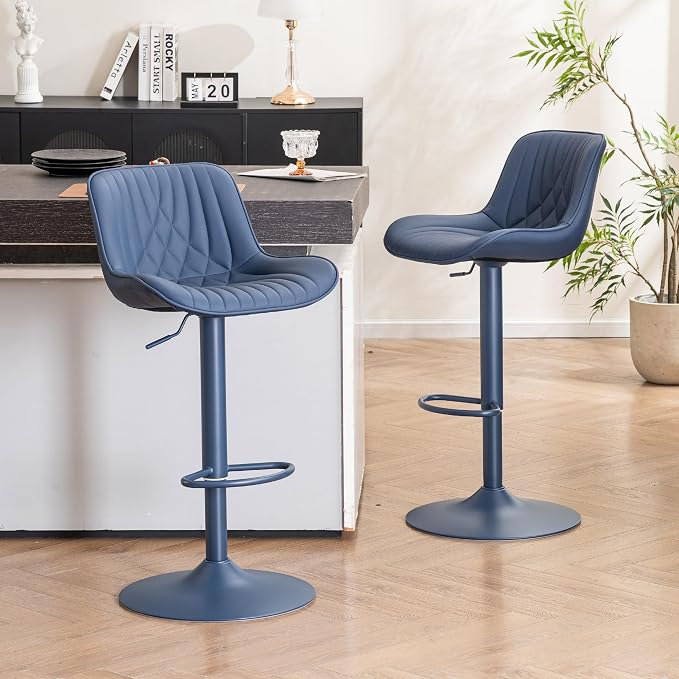 YOUTASTE Bar Stools Set of 2, Adjustable Swivel Counter Height Barstools with Back, All Navy Blue Faux Leather Upholstered Bar Chairs with Metal Base, Stools for Kitchen Island or Home Bar