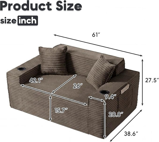 Boneless Sectional Sofa Couch with Cup Holders & Side Pockets, Modern Corduroy Fabric Deep Seat Loveseat Cloud Couch for Living Room Office, No Assembly (Brown)