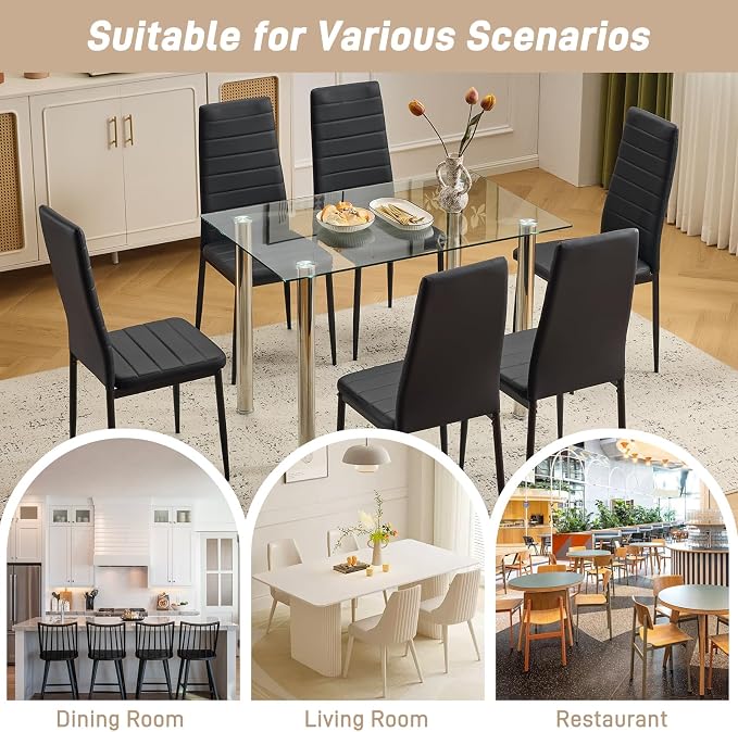 Karl home Dining Chairs Set of 6, PU Leather & High Back, Black | Black kitchen chairs with padded seats & foot cap protection for dining kitchen living room,300lbs capacity,space-saving