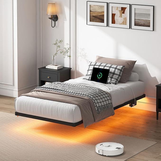 YORMDMO Floating Bed Frame Twin Size, Heavy Duty Bedframe with Smart LED Lights & Charging Station, Modern Metal Platform Bed, Easy Assembly No Box Spring Needed, 10 Inch
