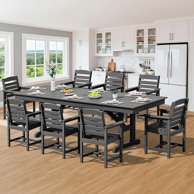 SERWALL 9 Piece 84" HDPE Outdoor Dining Set for 8 with Armchairs and Umbrella Hole, Black