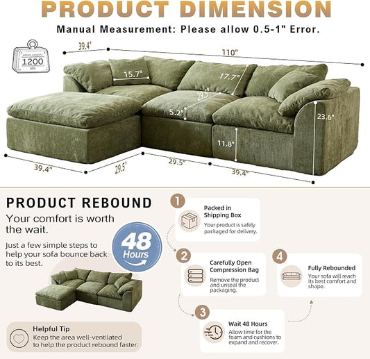 110" Boneless Cloud Couch Sectional for Living Room, Oversized Modular L Shaped Sofa with Ottoman, Deep Seat Chenille Sectional Couch for Cloud-Like Comfort (OliveGreen)