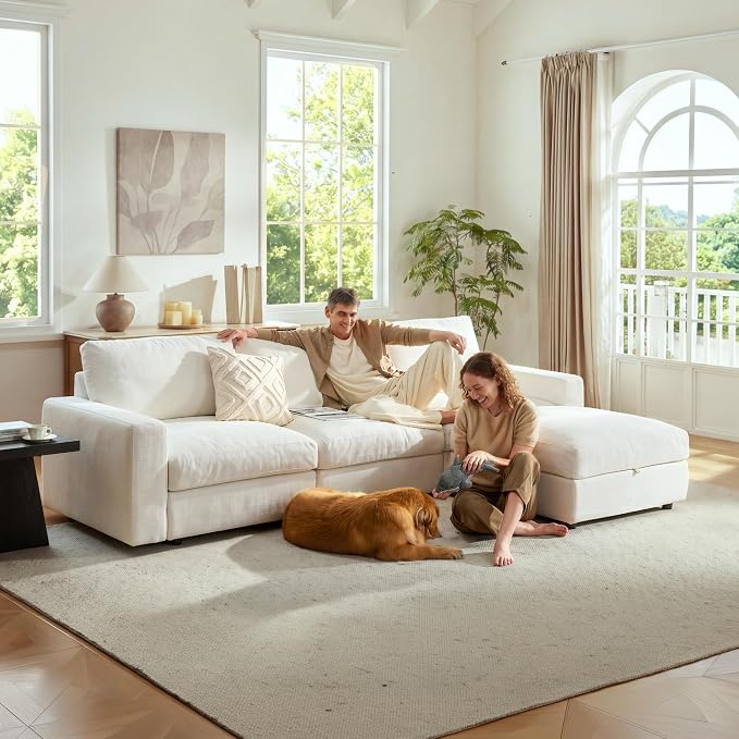 Cloud Couch Sectional 113.2'' Oversized Modular Deep Seat Sofa L Shaped Comfy White Cloud Couch with Washable Cover for Living Room 3 Seater with 1 Ottoman