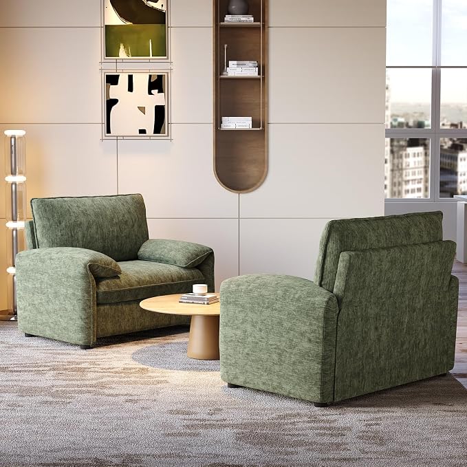 ONBRILL Oversized Accent Chair, 41 Inch Chenille Fabric Armchair, Comfy Single Sofa Chair with Padded Arms, Pocket Spring Cushion, Modern Reading Chair for Living Room, Bedroom, Green