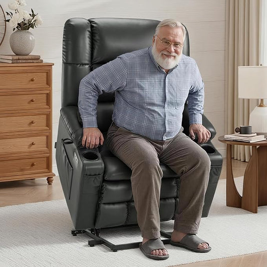 MCombo Dual Motor Power Lift Recliner Chair for Elderly, Lay Flat Lift Chair with Heat and Massage, Oversized Lift Recliner for Big and Tall, Faux Leather R7891 (Grey, Large-Wide)