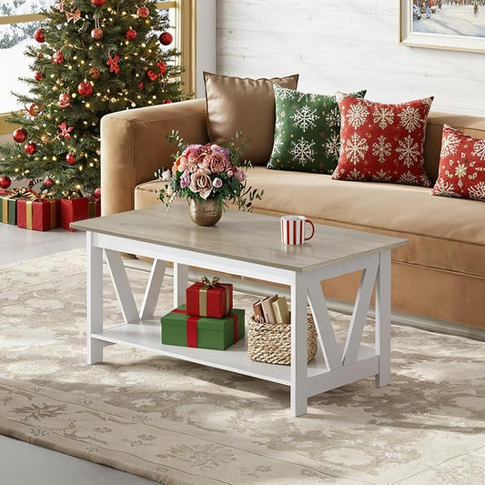 WLIVE Coffee Table for Living Room with Storage Shelf, 39.4" Farmhouse Coffee Table with V-Frame Support, 2-Tier Wood Rustic Center Table for Home Office, Apartment, Greige & White