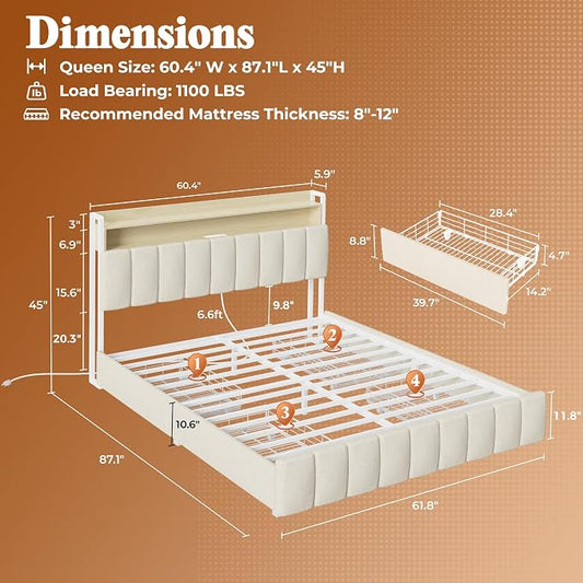PRAISUN Bed Frame Queen Size with Upholstered Headboard & Charging Station, Queen Bed Frame with 4 Storage Drawers, 2-Tier Open Shelves, No Box Spring Needed, Slient Foam Strip, Easy Assembly, Beige