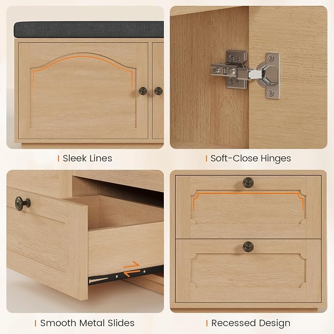 59" Storage Bench with Drawer, 2-Tier Shoe Bench with Doors, Long Entryway Bench, Thickened Cushion, Adjustable Shelf, Recessed Design for Entryway, Bedroom, Living Room, Natural