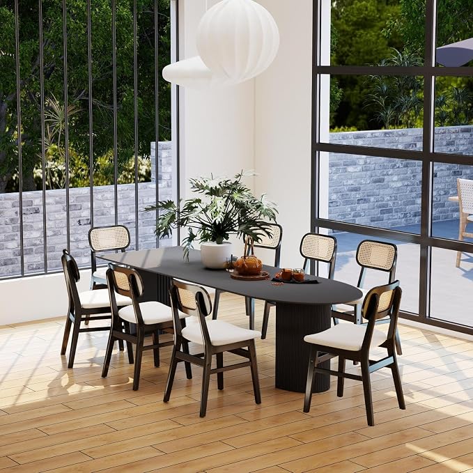 ROCITY Black Rattan Dining Chairs Set of 4 Lambswool Dining Room Chairs Natural Wooden Kitchen Chairs Farmhouse Boho