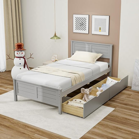 KOMFOTT Twin Size Wood Bed Frame with 2 Storage Drawers, Mid Century Platform Bed Frame with Headboard, Sturdy Wooden Slats Support, Modern Mattress Foundation, No Box Spring Required, Easy Assembly