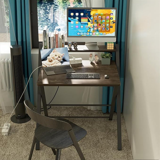 GreenForest No Assembly Folding Desk, 2-Tier Compact Computer Desk with Shelf, 30 inch Space Saving Foldable Table for Home Office, Dorm or Apartment, Portable Collapsible Sturdy Laptop Desk, Brown