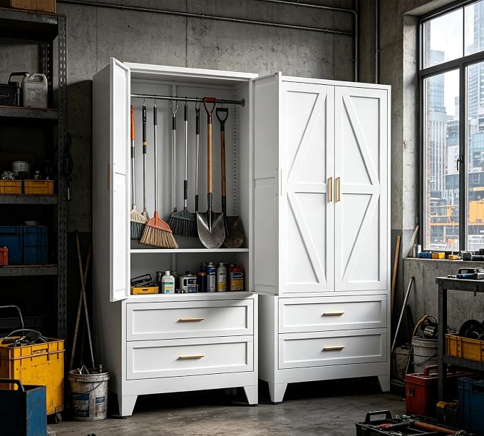 71" H White Armoire Wardrobe Closet with Drawers,Metal Wardrobe Closet with Doors and Shelves,Tall Wardrobe Closet for Bedroom