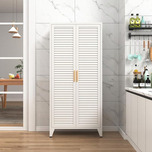 61 "H White Metal Cutlery Cabinet with Door Freestanding Kitchen Cabinet with 3 Adjustable Shelf Side Panels, Suitable for Kitchen, Living Room, Dining Room Metal Cabinet,Requires Assembly 