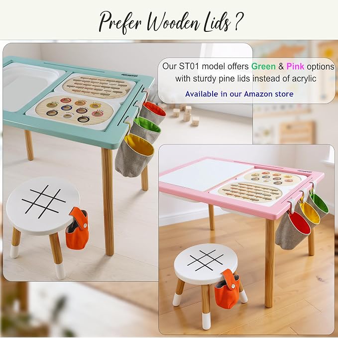 Blue Sensory Table for Toddlers โ Montessori Activity Table with 3 Bins, 2 White Acrylic Lids, Transparent Lid, Paper Roll Holder, Wooden Inserts, Storage Bag & Adjustable Heights
