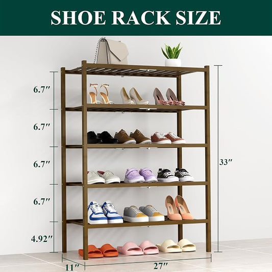 Smiry Bamboo Shoe Rack, 5 Tier Free Standing Wooden Shoe Organizer, Stackable Wood Shoe Storage Shelf for Closet, Entryway, 14 Vertical Slats, 2+2+1 Stack Heavy-Duty Legs, 26.8"x11"x32.5", Walnut