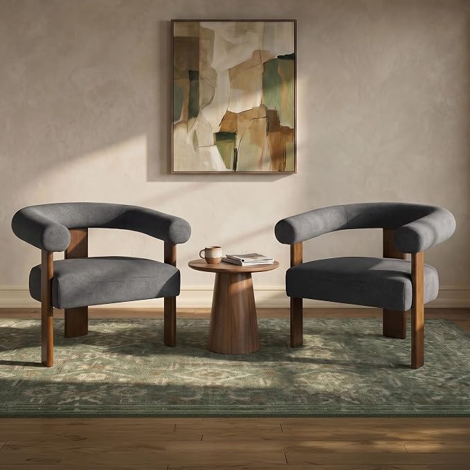 VKNOW Accent Chair, Vanity Chair with Armrests and Walnut Legs, Charcoal | Mohair-type Fabric, Barrel Back, Armrests, For Adults and Family, Living Room, Bedroom, Vanity, No Wobble, Easy Assembly