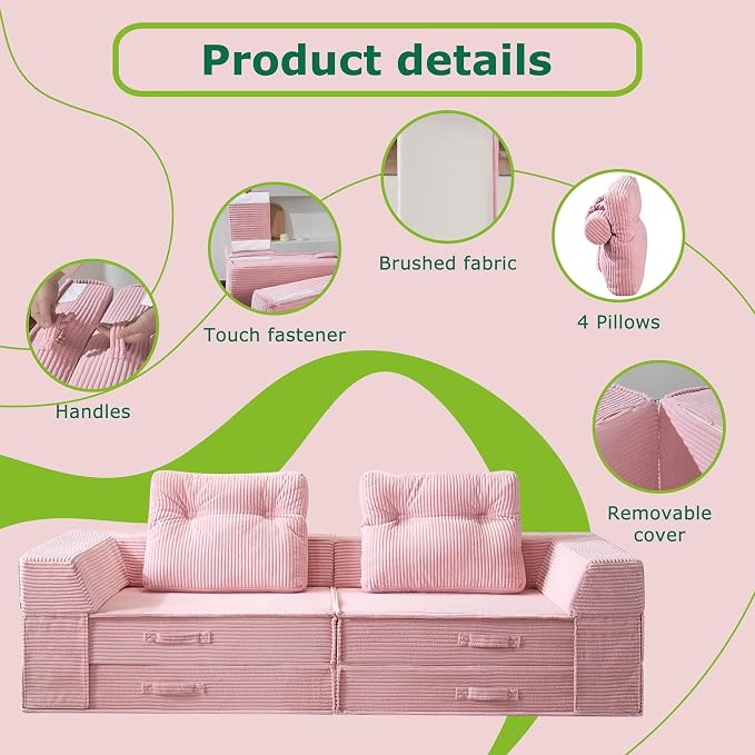 Folding Sofa Bed, 4 in 1 Convertible Sleeper Chair with Pillow, Loveseat Memory Foam Fold Out Chair Bed, Modern Floor Futon Sofa Couch Mattress for Living Room/Guest/Apartment, Pink