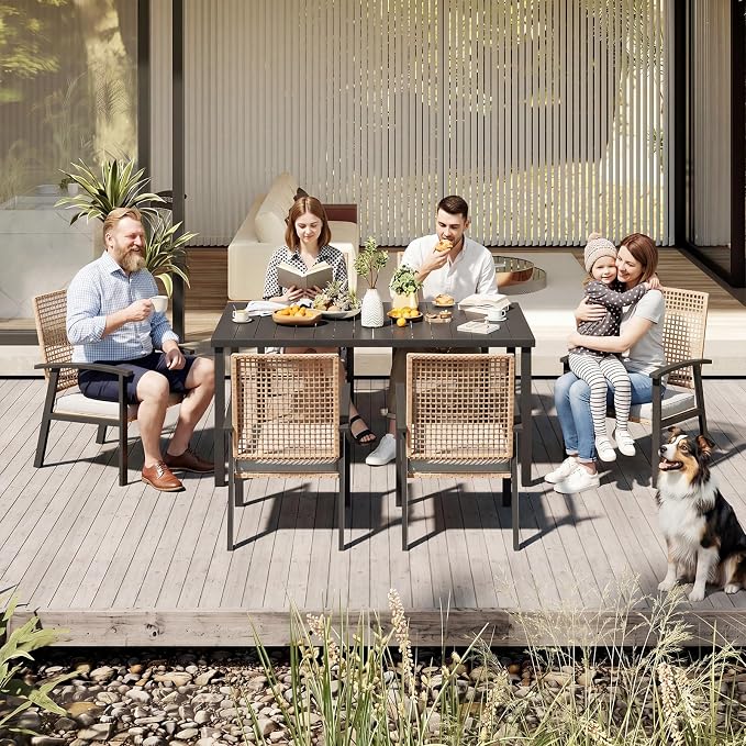 Aoxun 7-Piece Patio Table and Chairs Set for 6 with Umbrella Hole, Outdoor Dining Set with 6 Wicker Chairs and 1 Rectangular Metal Table, Patio Dining Sets with Soft Cushion for Backyard, Garden