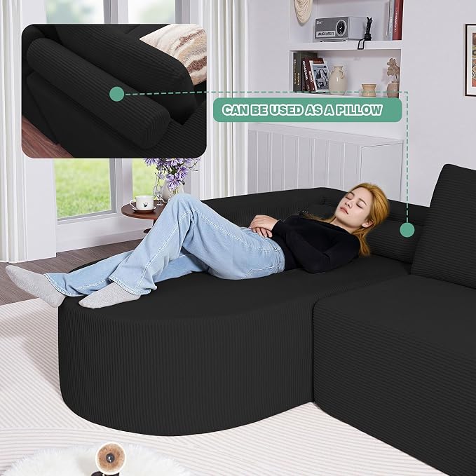 104.92" L-Shaped Corduroy 3 Piece Sofa Set with Single Lounge Chair & Ottoman, Modular Compressed All Foam Couch, Freely Movable Footrest, Minimalist Large Living Room Furniture