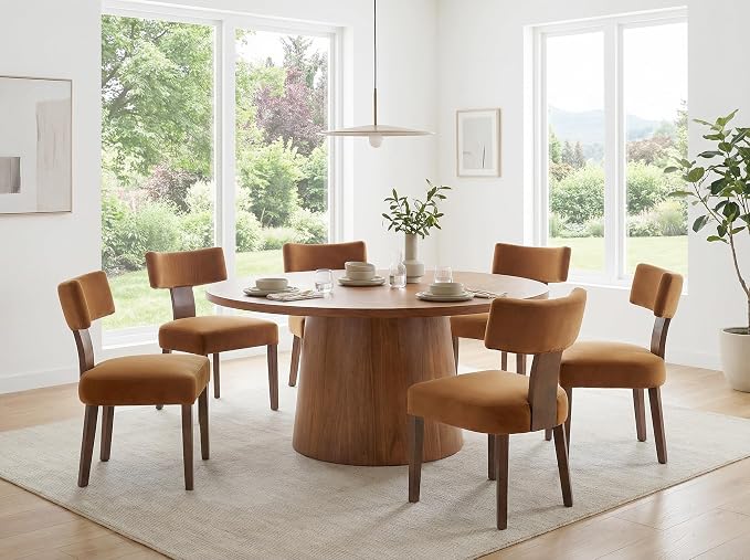 RIVOVA Set of 6 Modern Dining Chairs, Farmhouse Velvet Upholstered Dining Room Chairs Kitchen Chairs Side Armless Chairs with Curved Backrest Wood Legs, Yellow Brown