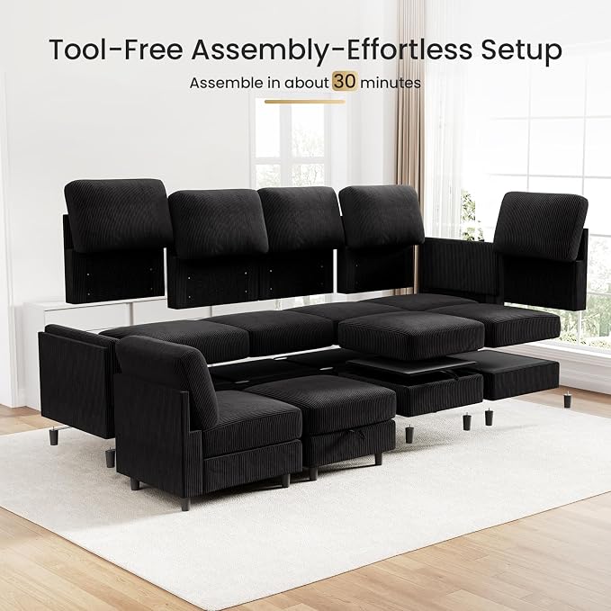 KKL Modular 6 Seater Sleeper Sofa Bed Sofa - 83 Inch Couch with Storage Ottoman, Convertible L/U-Shaped Sleeper Couch for Living Room, Modern Reversible Design, Black