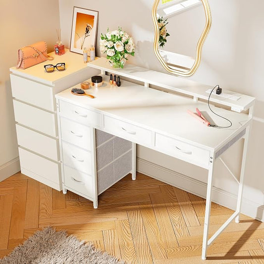 Huuger Gaming Desk with 6 Drawers, Computer Desk with LED Lights Power Outlets and Type-C, 39 Inch Office Desk with Storage, Monitor Stand, Writing Work Desk Home Office, Bedroom, White