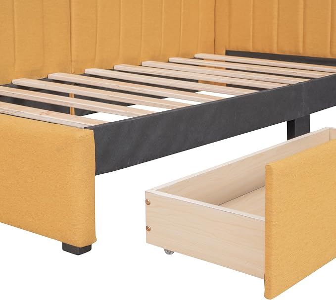 Merax Upholstered Daybed with 2 Storage Drawers, Twin Size Sofa Bed Frame, No Box Spring Needed, Linen Fabric, Yellow
