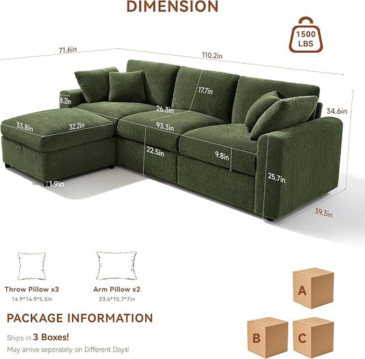 Ihanherry Cloud Sectional Couches for Living Room, 110" Large Modular Sectional Sofa with Wide Deep Seat, L Shaped Couch with Throw Pillow and Storage Ottoman, Green