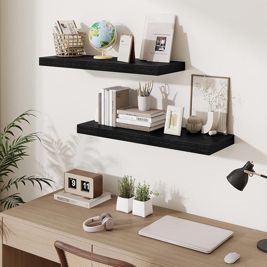 Fun Memories Floating Shelves for Wall, 32 Inch Long Floating Shelves Set of 3, 32 x 10 Wooden Shelves for Wall, Large Storage Shelves, Hanging Shelves for Bathroom Kitchen Bedroom, Black