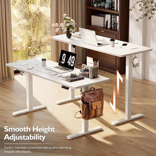 Monomi 55 Inch Electric Standing Desk, Height Adjustable Sit Stand Up, Work Home Office Computer PC Desks, Gaming Writing Study Bedroom Rising Table with Two-Piece Desktop, White