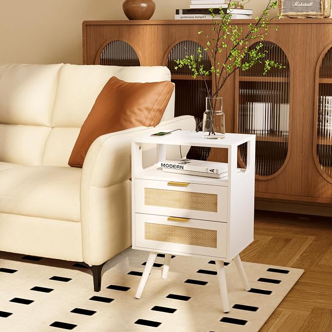 JOONEE Rattan Nightstand with Charging Station,Farmhouse Bedside Table with 2 Storage Drawer and Open Wood Shelf, for Bedroom and Small Spaces,Night Stand with Solid Wood Legs (White-Outlet)