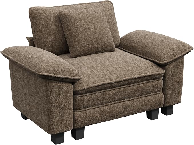PHI VILLA Oversized Single Sofa with Deep Seat, Armchair for Small Spaces Bedroom Reading Modern, 1 Seater Comfy Reading Accent Chair, Chenille Grayish Brown