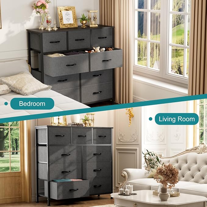 OLIXIS 9-Drawer Fabric Storage Dresser Chest Organizer Unit, Grey | Sturdy and lightweight fabric drawers with easy-pull handles,Space-saving versatile organizer for clothes, bedroom