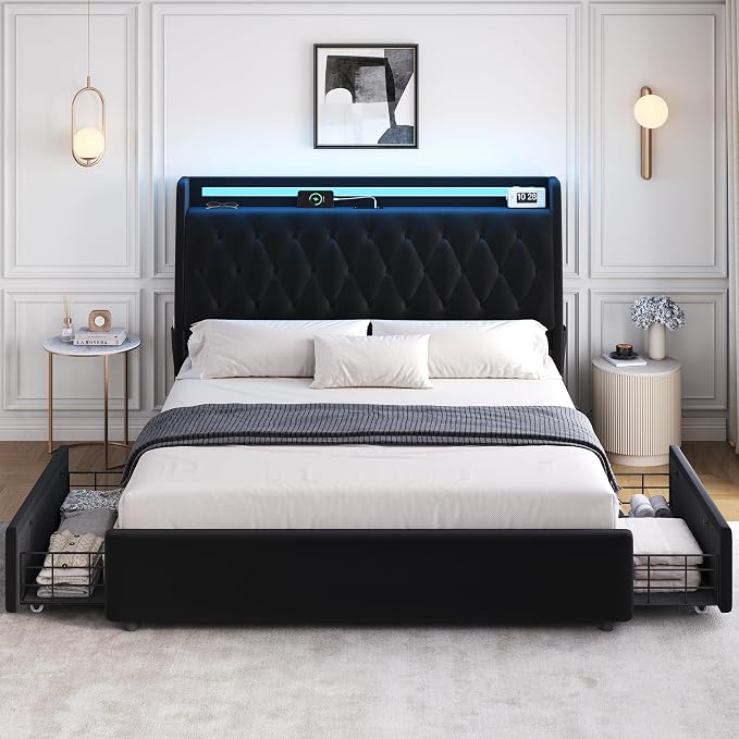 Queen LED Velvet Bed Frame with 2 Storage Drawers&Hidden Headboard, Upholstered Platform Bed with Charging Station&Button Tufted Design, Wooden Slats Support, Box Spring Optional, Easy Assembly, Black