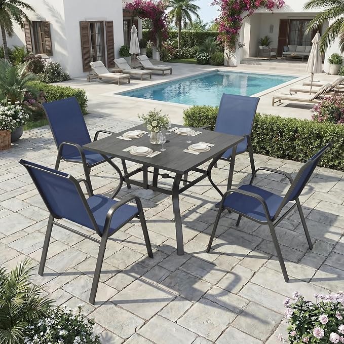 Outdoor Dining Set for 6, 7pcs Patio Table and Chairs Set with Adjustable Umbrella Hole,Heavy Duty 63”x37.8” Metal Dining Table and Stackable Patio Chair for Yard, Garden, Porch