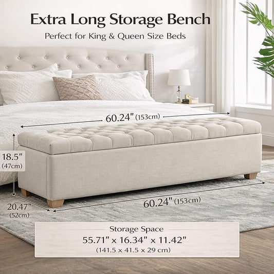 60.2" Storage Bench, End of Bed Storage Benches, Chenille Fabric Upholstered Ottoman Bench with Safety Hinge for Living Room Entryway Bedroom Hallway