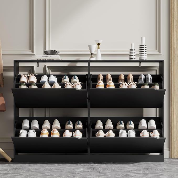 Xixini Shoe Storage Cabinet for Entryway with 4 Flip Drawers, Sturdy Wood Hidden Shoe Storage, Freestanding Narrow Slim Shoe Organizer for Front Door Entrance, Living Room, Hallway, Bedroom, Black