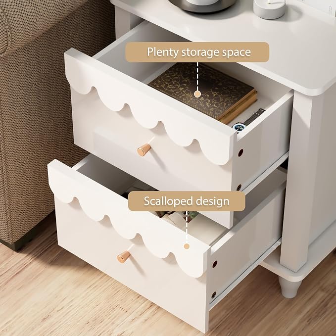 White Nightstand Side End Table with 2 Drawers, Modern Wood Night Stand with Petal Pattern for Bedroom, Scalloped Bedside Night Tables with Solid Wood Legs