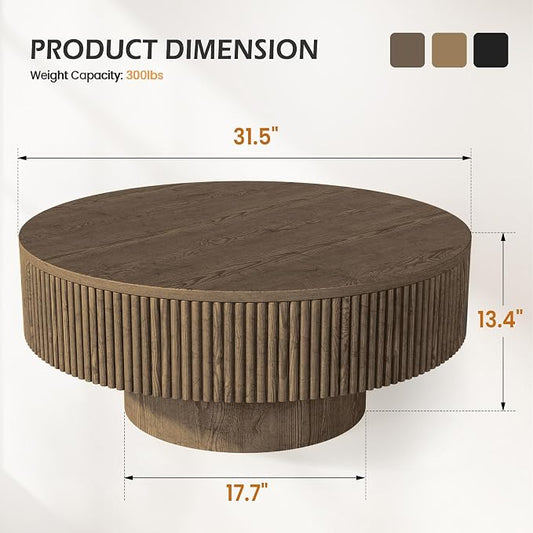 YOUDENOVA 31.5” Round Fluted Coffee Table, Modern Wood Circle Coffee Table, Veneer Handcrafted Relief Tea Table with Sturdy Pedestal for Living Room - Brown