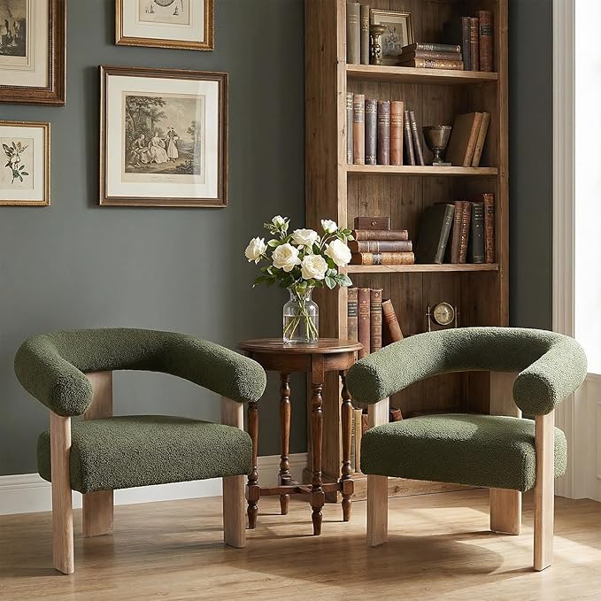 VKNOW Accent Chair Living Room Chair, Modern Upholstered Arm Chair with Solid Wood Legs, Comfy Barrel Accent Chair for Living Room, Bedroom, Green