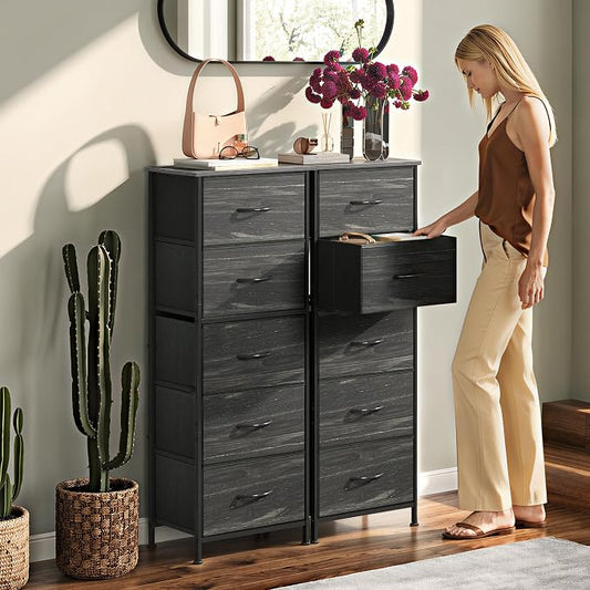 WLIVE Fabric Dresser, 5-Drawer Tall Dressers for Bedroom, Storage Dresser Organizer with Wood Top, Sturdy Steel Frame, Chest of Drawers for Closet, Hallway, Charcoal Black Wood Grain Print