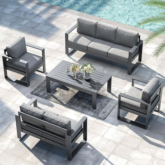 LayinSun Outdoor Patio Aluminum Chair, Metal Modern Armchair Set of 2 with Washable Thick Cushions