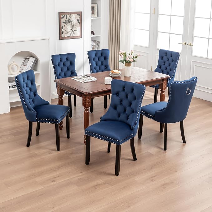 Mid Century Modern Dining Chair Set of 6 Velvet Upholstered Dining Accent Chair Farmhouse Dining Chairs with High Back and Nailhead Trim for Kitchen, Living Room, Bedroom (Blue)