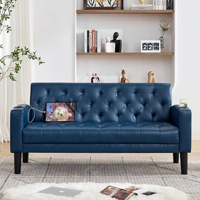 TYBOATLE 62" W Leather Loveseat w/ 2 USB and 2 Cupholders, Mid-Century Modern Tufted Small Love Seat Couches for Office, Living Room, Bedroom, Dorm (1, Blue)