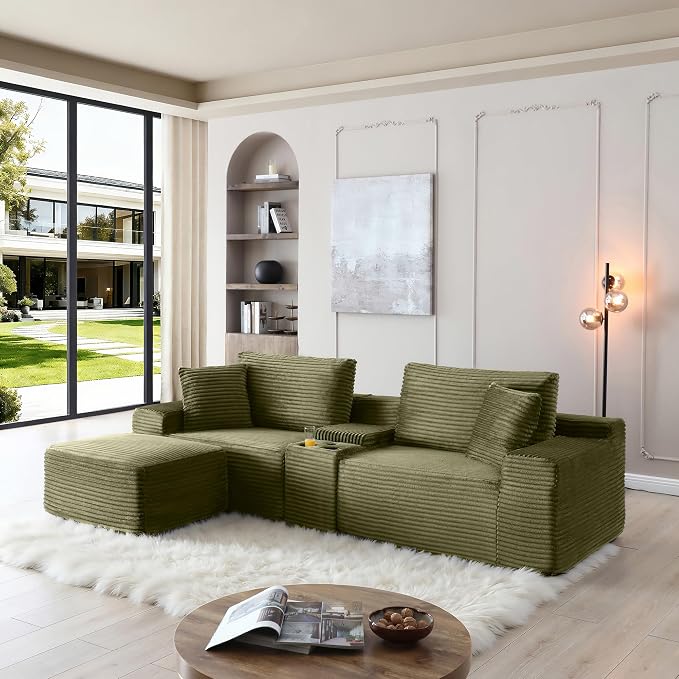 ivoros 111 Inch Modular Sectional Sofa Couch, Oversized Modern Cloud Couch for Living Room, L Shape Couches with Ottomans, USB Ports and Cup Holders, Green Corduroy Boneless Sofas, Sofa in a Box