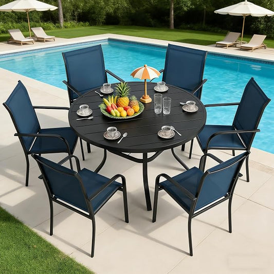 SUNCROWN 7 - Piece Outdoor Dining Set, Patio Furniture Set with 6 x Textilene Dinning Chairs and 53" Metal Round Table with Umbrella Hole for Lawn Garden Backyard Deck, Blue