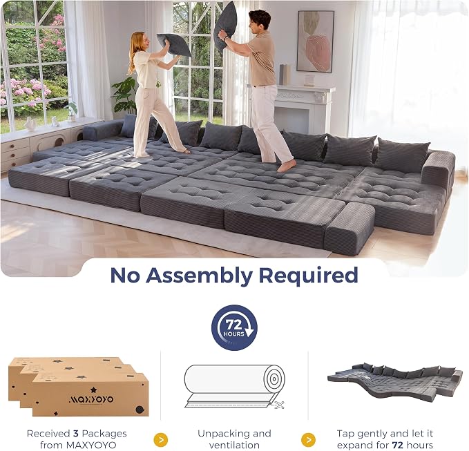 MAXYOYO Modular Sectional Sofa Couch, Foldable Oversized U Shaped Cloud Couch with Pillows, Tufted Boneless Lounger Floor Sofa Bed for Living Room, No Assembly Required, Dark Grey